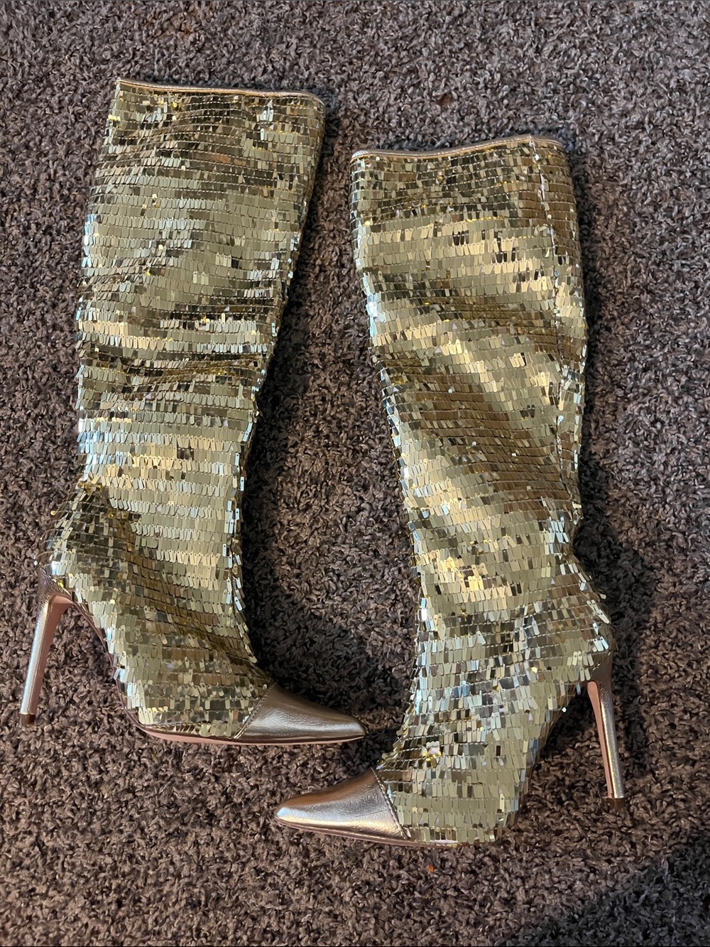 Gold Sequin Knee-High Stiletto Boots - Women's